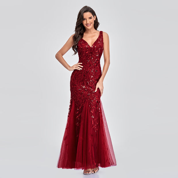 Long Dress Sleeveless V Neck Embroidered