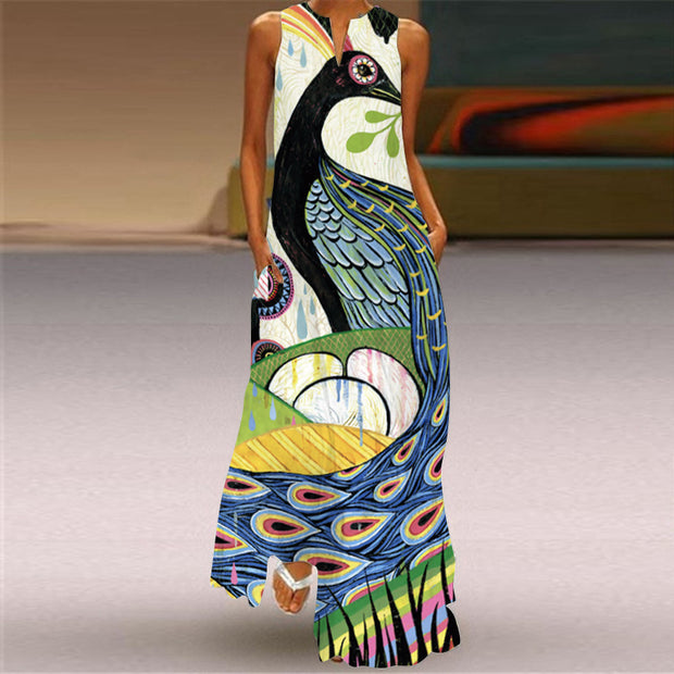 Printed V-neck Sleeveless Long Dress