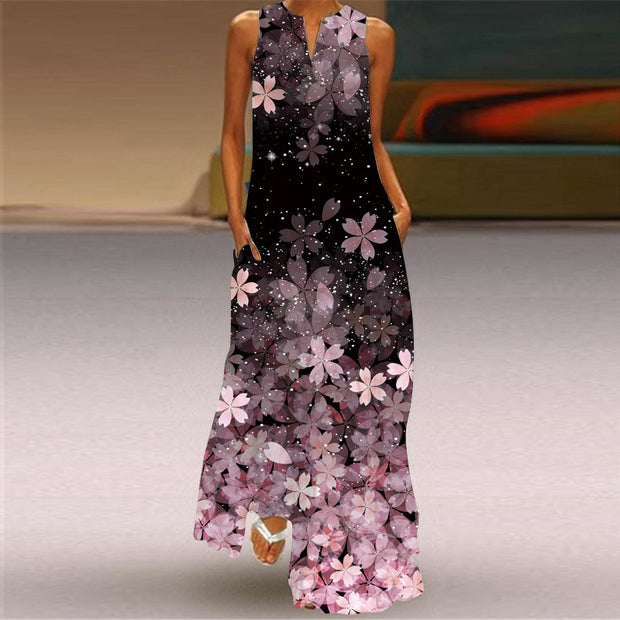 Printed V-neck Sleeveless Long Dress